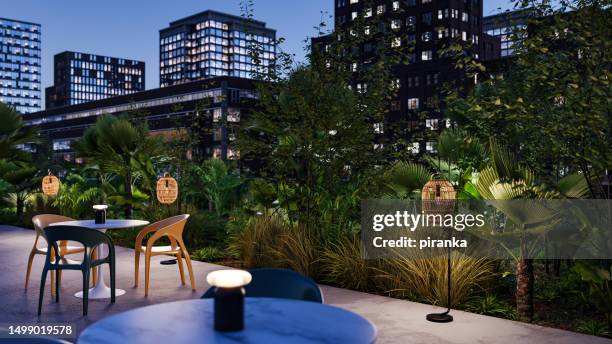 roof garden at night - rooftop garden stock pictures, royalty-free photos & images