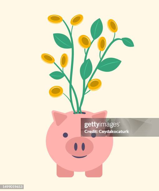 bildbanksillustrationer, clip art samt tecknat material och ikoner med money tree growing out of a piggy bank. vector illustration - spargris