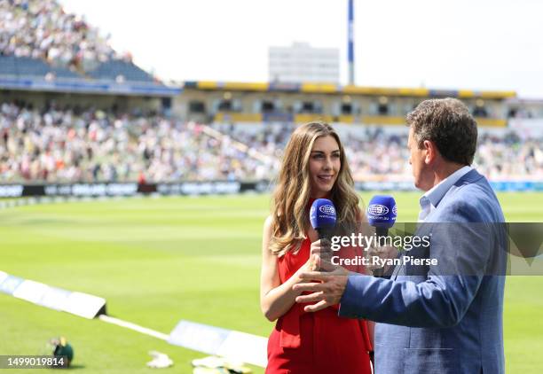 Louise Ransome and Former Australian Captain Mark Taylor present for Channel 9 during Day One of the LV= Insurance Ashes 1st Test match between...