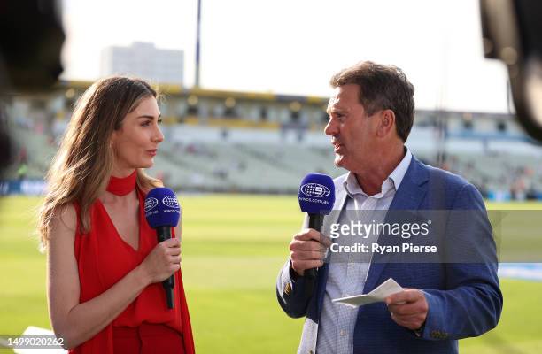 Louise Ransome and Former Australian Captain Mark Taylor present for Channel 9 during Day One of the LV= Insurance Ashes 1st Test match between...