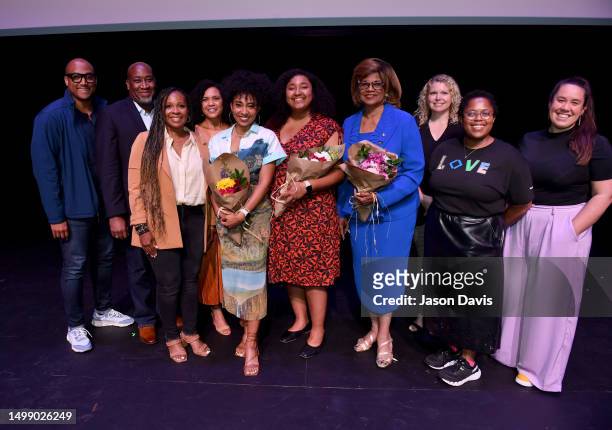 Contessa Gayles, Natalynn Masters, and Gaynell Gainer with leaders and participants behind Camp Founder Girls attend “Founder Girls” World Premiere +...