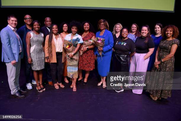 Contessa Gayles, Natalynn Masters, and Gaynell Gainer with leaders and participants behind Camp Founder Girls attend “Founder Girls” World Premiere +...