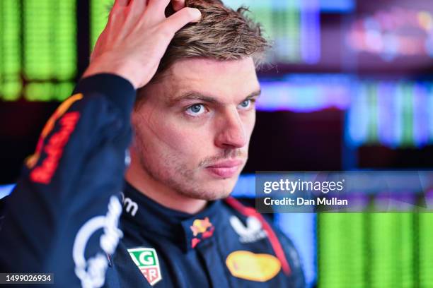Max Verstappen of the Netherlands and Oracle Red Bull Racing looks on in the garage during practice ahead of the F1 Grand Prix of Canada at Circuit...