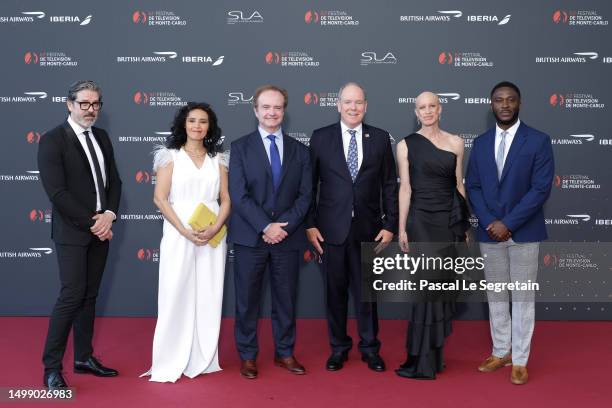 Prince Albert II of Monaco poses with News and Documentaries Jury members José Carlos Gallardo, Aïda Touihri, Tom Jennings, Jeanette Larsson and...