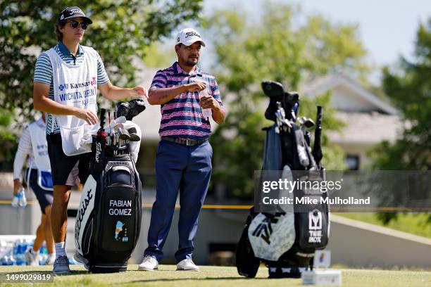 Fabian Gomez of Argentina waits to tee off while playing the fifth hole during the second round of the Blue Cross and Blue Shield of Kansas Wichita...