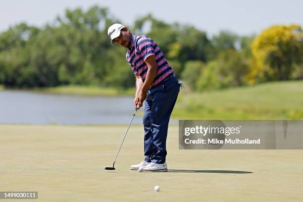 Fabian Gomez of Argentina watches a putt on the fourth hole during the second round of the Blue Cross and Blue Shield of Kansas Wichita Open at...