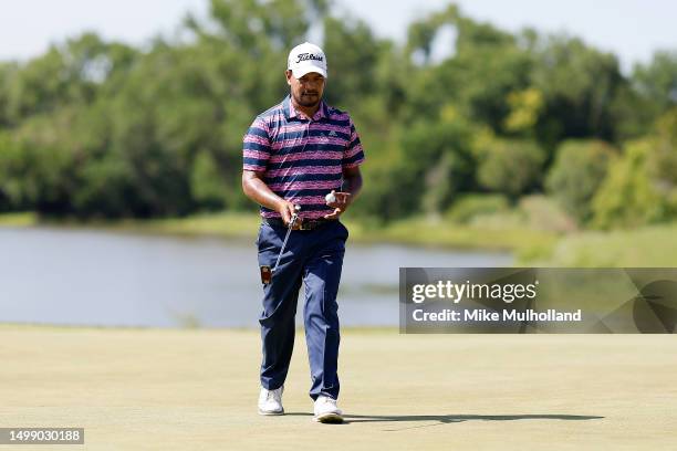 Fabian Gomez of Argentina looks over a putt on the fourth hole during the second round of the Blue Cross and Blue Shield of Kansas Wichita Open at...