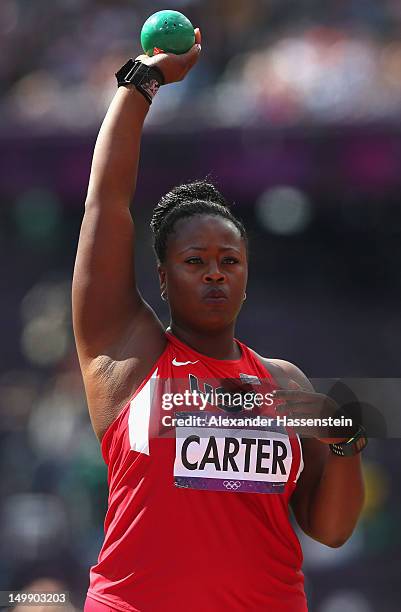 Michelle Carter of the United States competes in the Women's Shot Put qualification on Day 10 of the London 2012 Olympic Games at the Olympic Stadium...