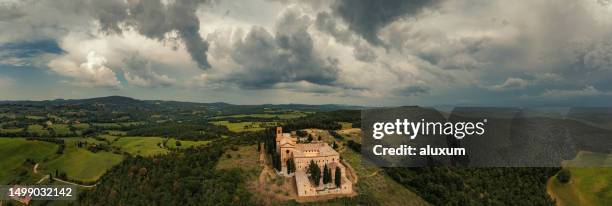 the church and monastery of sant anna in camprena tuscany italy aerial view - 360 vr stock pictures, royalty-free photos & images