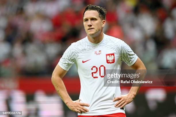 Piotr Zielinski of Poland reacts during the international friendly match between Poland and Germany at Stadion Narodowy on June 16, 2023 in Warsaw,...