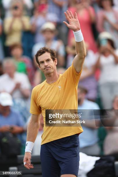 Andy Murray of Great Britain celebrates after he beats Dominic Stricker of Switzerland during the Rothesay Open at Nottingham Tennis Centre on June...