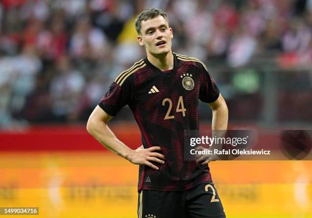 Florian Wirtz of Germany reacts during the international friendly match between Poland and Germany at Stadion Narodowy on June 16, 2023 in Warsaw,...