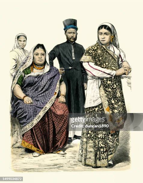 costumes of parsi or parsees men and women from east india, singapore and bombay, history of fashion, 19th century - parsi stock illustrations