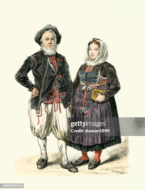 stockillustraties, clipart, cartoons en iconen met costumes of switzerland, mature amn and woman of swiss canton of fribourg, history of fashion, end of 18th century - eighteenth