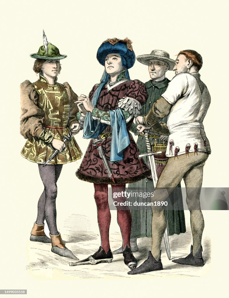 History of Medieval Fashion, Burgundian noblemen,Hose, Doublet, Tunic, Sword, 1400s