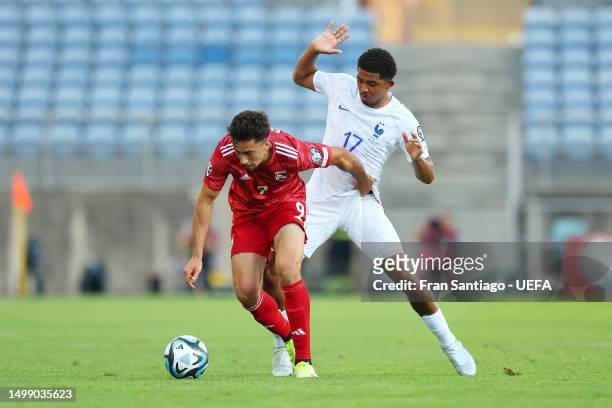 Ayoub El Hmidi of Gibraltar battles for possession with Wesley Fofana of France during the UEFA EURO 2024 qualifying round group B match between...