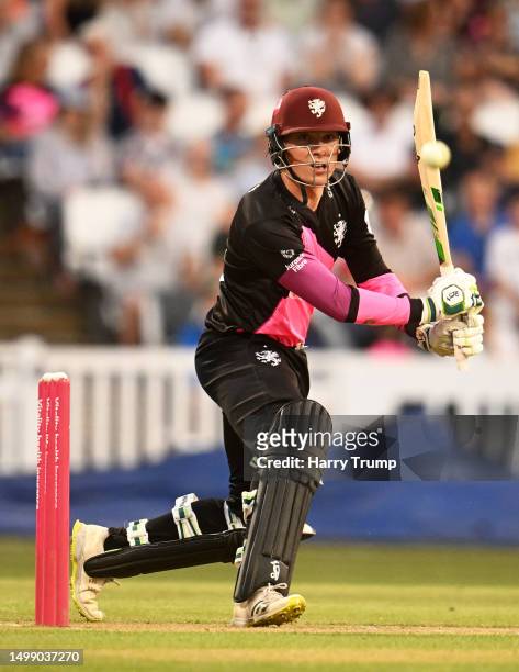 Tom Banton of Somerset plays a shot during the Vitality Blast T20 match between Somerset and Surrey at The Cooper Associates County Ground on June...