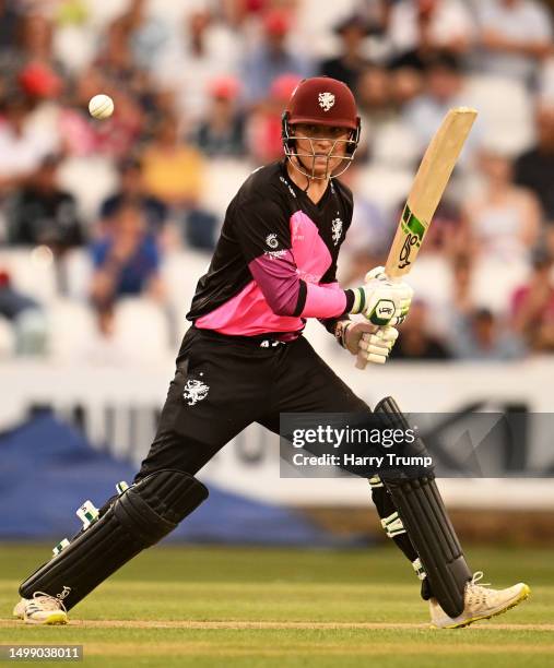 Tom Banton of Somerset plays a shot during the Vitality Blast T20 match between Somerset and Surrey at The Cooper Associates County Ground on June...