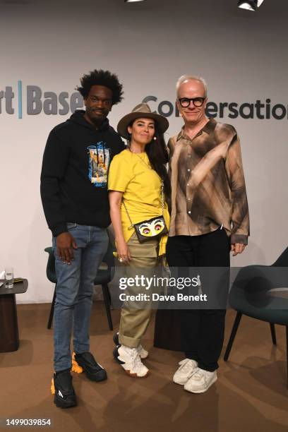 Rhael 'LionHeart' Cape, Es Devlin and Hans Ulrich Obrist attend day four of Art Basel 2023 at Messe Basel on June 16, 2023 in Basel, Switzerland.