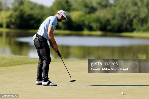 Kyle Stanley of the United States watches a putt on the fourth hole during the second round of the Blue Cross and Blue Shield of Kansas Wichita Open...