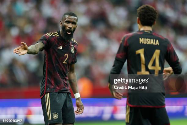 Antonio Rudiger of Germany reacts during the international friendly match between Poland and Germany at Stadion Narodowy on June 16, 2023 in Warsaw,...