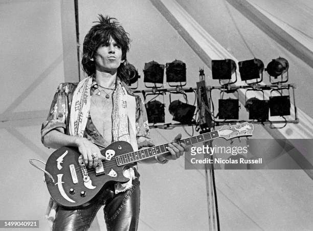 Guitarist Keith Richards of the Rolling Stones Performs at the Cotton Bowl on July 4, 1975 in Dallas, Texas.