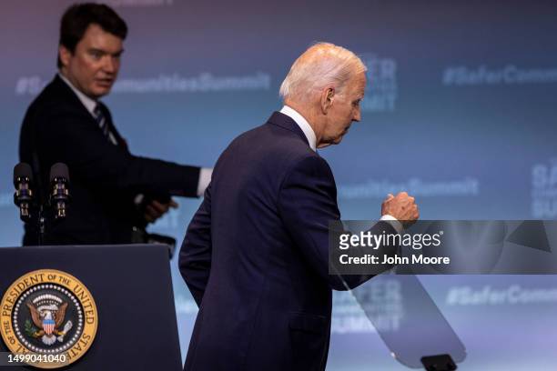 President Joe Biden departs the stage after speaking during the National Safer Communities Summit at the University of Hartford on June 16, 2023 in...