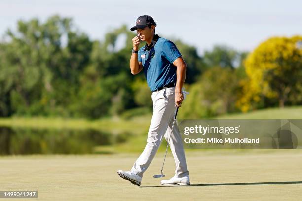 Whee Kim of South Korea reacts to a putt on the fourth hole during the second round of the Blue Cross and Blue Shield of Kansas Wichita Open at...