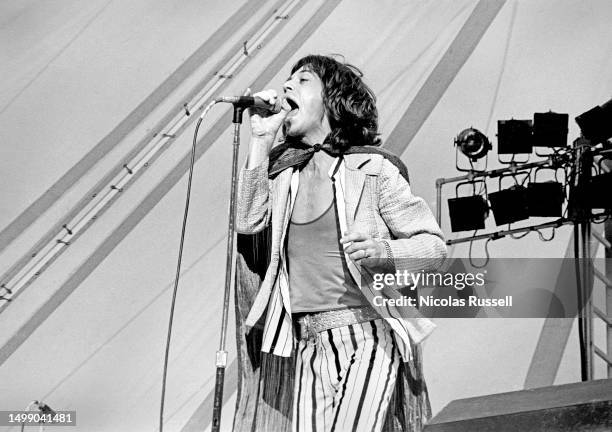 Singer Mick Jagger of the Rolling Stones Performs at the Cotton Bowl on July 4, 1975 in Dallas, Texas.