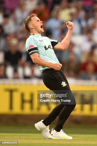 Sam Curran of Surrey celebrates the wicket of Tom Banton of Somerset during the Vitality Blast T20 match between Somerset and Surrey at The Cooper...