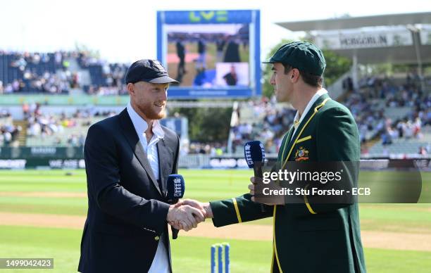 Australia captain Pat Cummins and England captain Ben Stokes shake hands after the toss during day one of the LV= Insurance Ashes 1st Test Match...