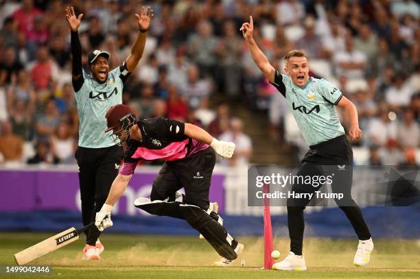 Sean Dickson of Somerset is run out by Sam Curran of Surrey during the Vitality Blast T20 match between Somerset and Surrey at The Cooper Associates...