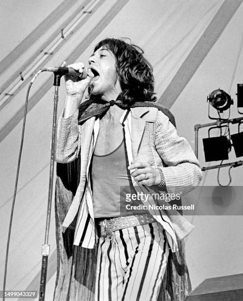 Singer Mick Jagger of the Rolling Stones Performs at the Cotton Bowl on July 4, 1975 in Dallas, Texas.