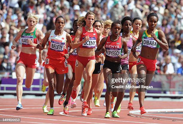 Morgan Uceny of the United States, Faith Chepngetich Kipyegon of Kenya and Genzebe Dibaba of Ethiopia compete in the Women's 1500m heat on Day 10 of...