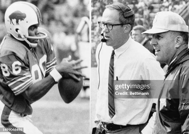 Former Denver quarterback Marlin Briscoe catches a 17 yard Jack Kemp pass in the 2nd quarter. Lou Saban coached Kemp in Buffalo and Briscoe at Denver...