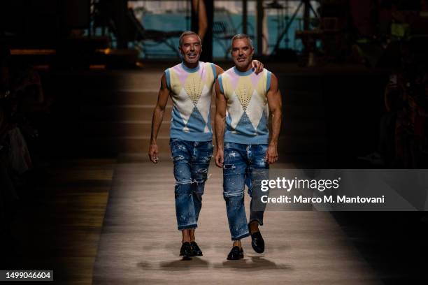 Dean Caten and Dan Caten walk the runway at the Dsquared2 Spring/Summer 2024 fashion show during the Milan Fashion Week menswear spring/summer 2024...