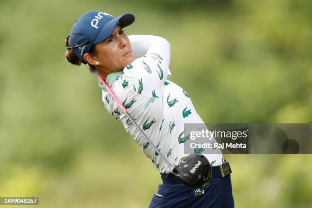 Azahara Munoz of Spain hits a tee shot on the 16th hole during the second round of the Meijer LPGA Classic for Simply Give at Blythefield Country...