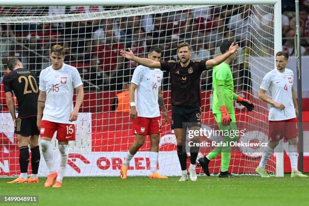 Niclas Fullkrug of Germany reacts during the international friendly match between Poland and Germany at Stadion Narodowy on June 16, 2023 in Warsaw,...