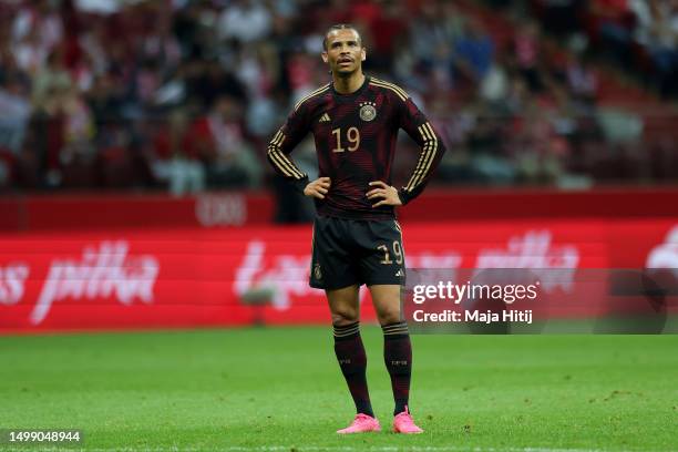 Leroy Sane of Germany reacts during the international friendly match between Poland and Germany at Stadion Narodowy on June 16, 2023 in Warsaw,...