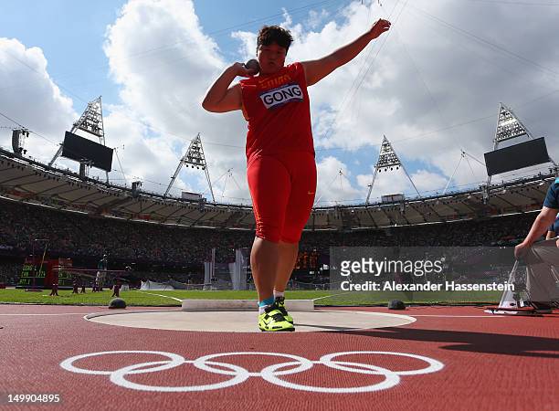 Lijiao Gong of China competes in the Women's Shot Put qualification on Day 10 of the London 2012 Olympic Games at the Olympic Stadium on August 6,...
