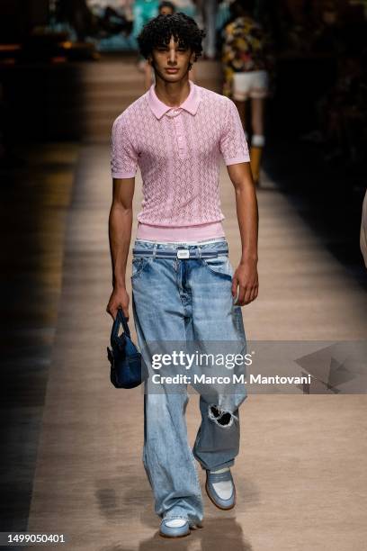 Model walks the runway at the Dsquared2 Spring/Summer 2024 fashion show during the Milan Fashion Week menswear spring/summer 2024 on June 16, 2023 in...