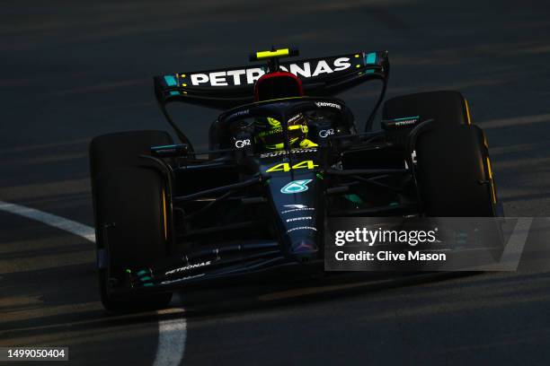 Lewis Hamilton of Great Britain driving the Mercedes AMG Petronas F1 Team W14 on track during practice ahead of the F1 Grand Prix of Canada at...