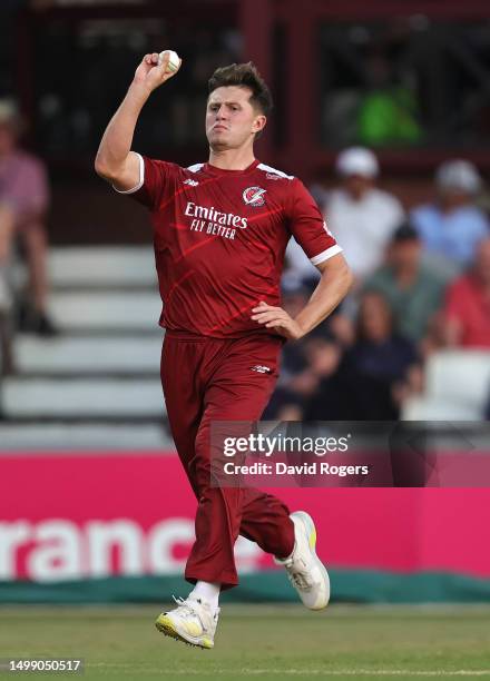 Jack Blatherwick of Lancashire Lightning bowls during the Vitality Blast T20 match between Northamptonshire Steelbacks and Lancashire Lightning at...