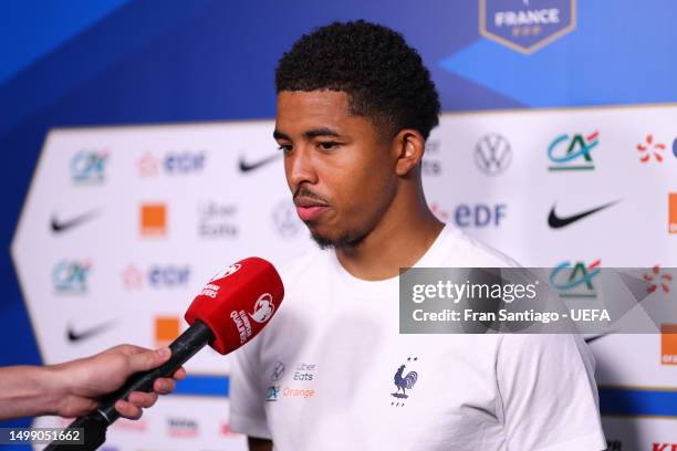 Wesley Fofana of France is interviewed following the UEFA EURO 2024 qualifying round group B match between Gibraltar and France at Estadio Algarve on...