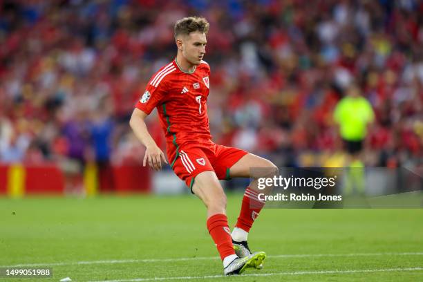 David Brooks of Wales makes his come back appearance following his recovery from stage 2 Hodgkin lymphoma during the UEFA EURO 2024 qualifying round...