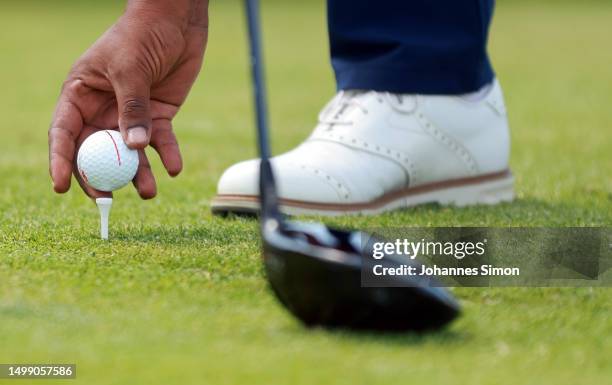 Keenan Davidse of the Republic of South Africa places a ball for to hit off the 1st tee during Day Two of the Kaskáda Golf Challenge 2023 at Kaskáda...