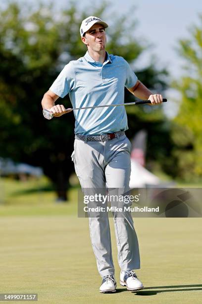 Ryan Burnett of the United States reacts after missing a birdie putt on the 17th hole during the second round of the Blue Cross and Blue Shield of...