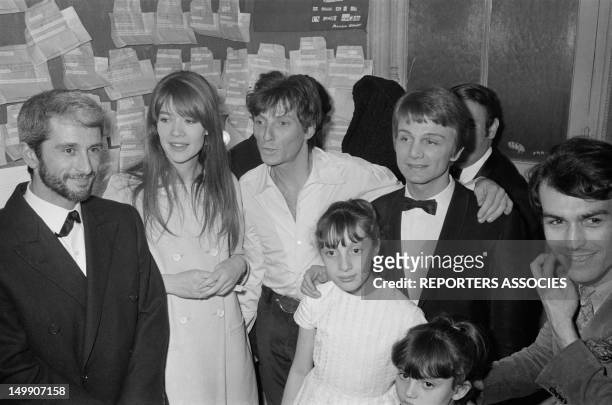 Singers Marcel Amont, Francoise Hardy, Hugues Aufray and Claude Francois at the premiere of singer Hugues Aufray at Olympia Music Hall on March 25,...