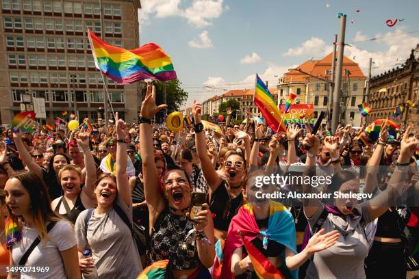 lgbtqia+ pride in dresden, christopher street day in germany - christopher street day stock pictures, royalty-free photos & images
