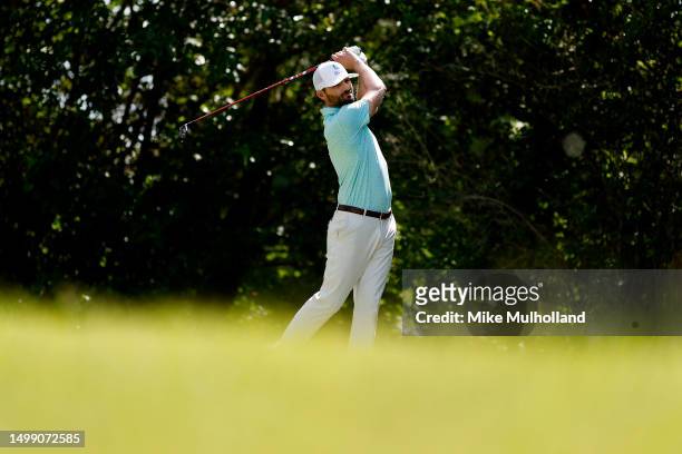 Kyle Stanley of the United States hits a tee shot on the 15th hole during the second round of the Blue Cross and Blue Shield of Kansas Wichita Open...